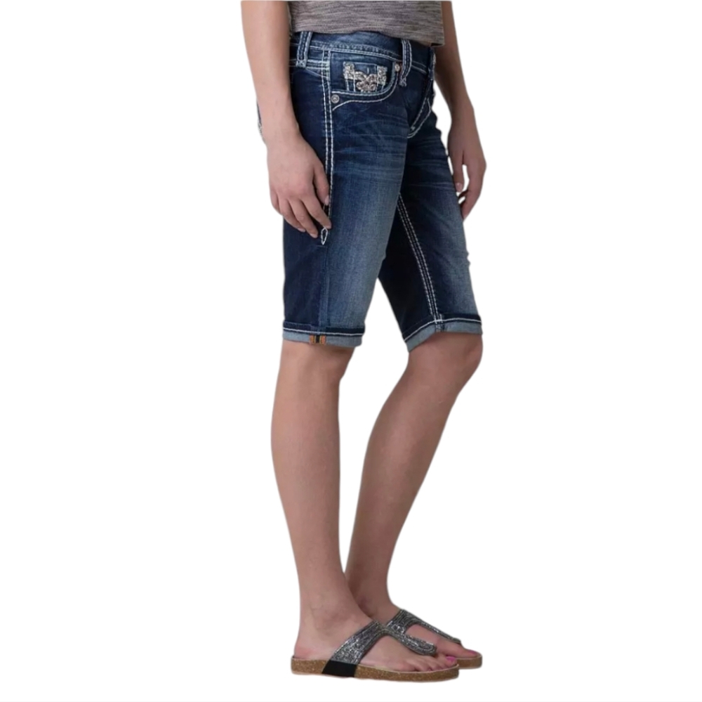 ROCK REVIVAL "Nancy" Easy Bermuda denim jeans shorts bling back pockets sz 26